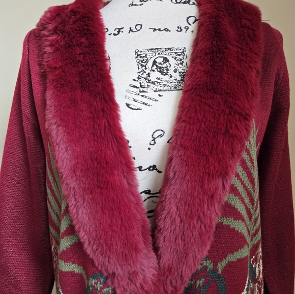 Badgley Mischka Wool Blend Duster Cardigan Womens M Leopard Print Faux Fur - Picture 2 of 11